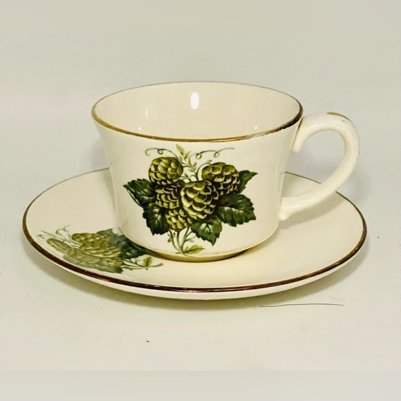 Vintage Hops Teacup & Saucer Botanical Gold Rim Royal Worcester Hop Mathon Green - Picture 1 of 7